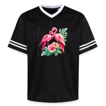 Duo d’amour flamant rose dans la forêt tropicale - T-shirt de foot unisexe en mesh - noir/blanc - Devant - AI Model Female 172 light (172cm) & AI Model Male 185 light (185cm)