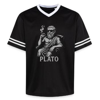 Platon, der antike Philosoph, als Hipster - Unisex Football Style Mesh T-Shirt - Schwarz/Weiß - Vorne - AI Model Female 172 light (172cm) & AI Model Male 185 light (185cm)