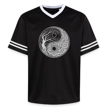 Yin Yang Symbol Baum des Lebens Tai - Unisex Football Style Mesh T-Shirt - Schwarz/Weiß - Vorne - AI Model Female 172 light (172cm) & AI Model Male 185 light (185cm)