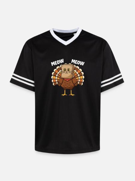Turkey Cat Thanksgiving Fall Harvest - Unisex Football Style Mesh T-Shirt - black/white