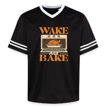 Wake And Bake Funny Thanksgiving Autumn Style - Unisex Football Style Mesh T-Shirt - black/white - Front - AI Model Female 172 light (172cm) & AI Model Male 185 light (185cm)