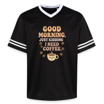 Good Morning – I need coffee - Unisex Football Style Mesh T-Shirt - black/white - Front - AI Model Female 172 light (172cm) & AI Model Male 185 light (185cm)