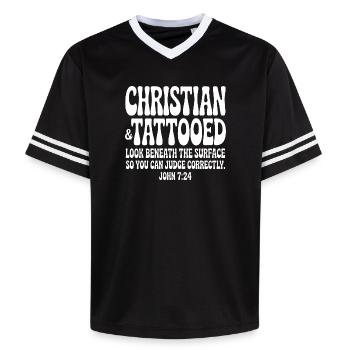 Christian Ink Blick unter die Oberfläche - Unisex Football Style Mesh T-Shirt - Schwarz/Weiß - Vorne - AI Model Female 172 light (172cm) & AI Model Male 185 light (185cm)