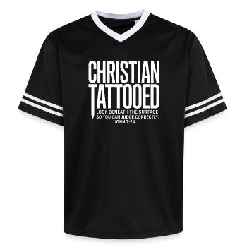 Christlicher Tattoo Look Unter Oberfläche - Unisex Football Style Mesh T-Shirt - Schwarz/Weiß - Vorne - AI Model Female 172 light (172cm) & AI Model Male 185 light (185cm)