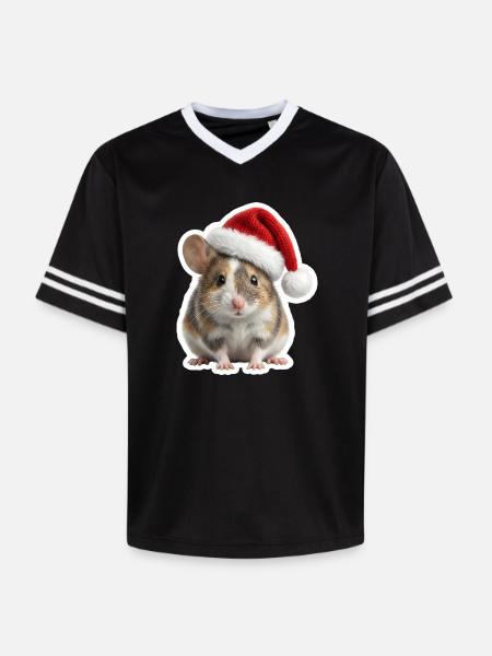Cute mouse with big Christmas hat - Unisex Football Style Mesh T-Shirt - black/white