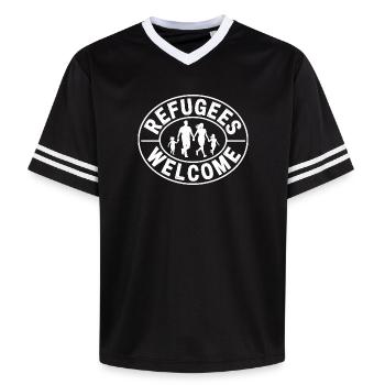Réfugiés Bienvenus - Produits dérivés antifascistes - T-shirt de foot unisexe en mesh - noir/blanc - Devant - AI Model Female 172 light (172cm) & AI Model Male 185 light (185cm)