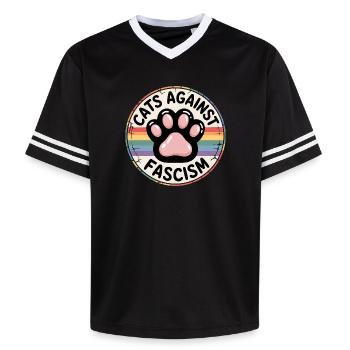 Cats against Racism- Antifascist Merch - Unisex Football Style Mesh T-Shirt - black/white - Front - AI Model Female 172 light (172cm) & AI Model Male 185 light (185cm)