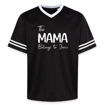 This Mama Belongs to Jesus - Unisex Football Style Mesh T-Shirt - black/white - Front - AI Model Female 172 light (172cm) & AI Model Male 185 light (185cm)