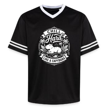 Chill Hard Capybara Vibes - Unisex Football Style Mesh T-Shirt - black/white - Front - AI Model Female 172 light (172cm) & AI Model Male 185 light (185cm)