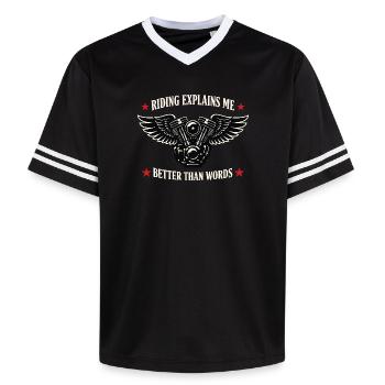 Why we ride motorcycles, - Unisex Football Style Mesh T-Shirt - black/white - Front - AI Model Female 172 light (172cm) & AI Model Male 185 light (185cm)