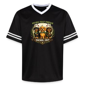 Dackel Natur Wappen Motiv mit Herz und Spruch - Unisex Football Style Mesh T-Shirt - Schwarz/Weiß - Vorne - AI Model Female 172 light (172cm) & AI Model Male 185 light (185cm)