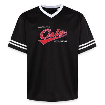 I Got Lost In Oslo And Loved It - Nordic Travel - Unisex Football Style Mesh T-Shirt - black/white - Front - AI Model Female 172 light (172cm) & AI Model Male 185 light (185cm)