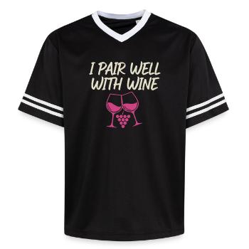 I Pair Well With Wine – Wine Glass Motif - Unisex Football Style Mesh T-Shirt - black/white - Front - AI Model Female 172 light (172cm) & AI Model Male 185 light (185cm)