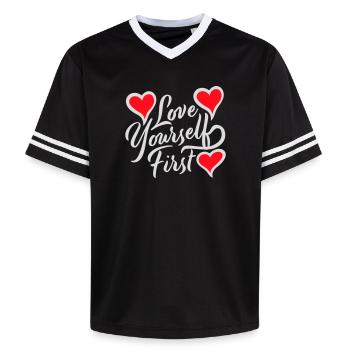 Love Yourself First Self-Love Self-Care - Unisex Football Style Mesh T-Shirt - black/white - Front - AI Model Female 172 light (172cm) & AI Model Male 185 light (185cm)