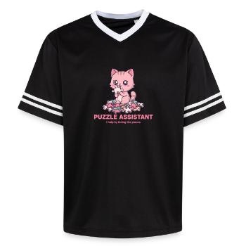 Puzzle Assistand Cat Quote - Unisex Football Style Mesh T-Shirt - black/white - Front - AI Model Female 172 light (172cm) & AI Model Male 185 light (185cm)