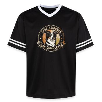 Aufgabe erledigt | Border Collie Badge - Unisex Football Style Mesh T-Shirt - Schwarz/Weiß - Vorne - AI Model Female 172 light (172cm) & AI Model Male 185 light (185cm)
