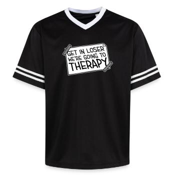 Get In Loser We're Going To Therapy Therapie Logo - Unisex Football Style Mesh T-Shirt - black/white - Front - AI Model Female 172 light (172cm) & AI Model Male 185 light (185cm)