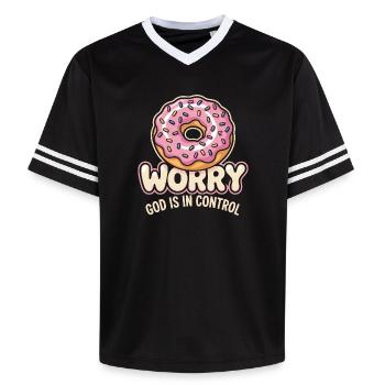 Keine Sorge: Gott hat die Kontrolle - Unisex Football Style Mesh T-Shirt - Schwarz/Weiß - Vorne - AI Model Female 172 light (172cm) & AI Model Male 185 light (185cm)