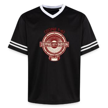 Stepping Out Of Babylon Reggae - Unisex Football Style Mesh T-Shirt - black/white - Front - AI Model Female 172 light (172cm) & AI Model Male 185 light (185cm)