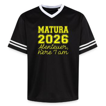 Matura 2026 Spruch - Unisex Football Style Mesh T-Shirt - Schwarz/Weiß - Vorne - AI Model Female 172 light (172cm) & AI Model Male 185 light (185cm)