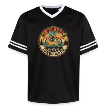 My Dog Loves Turbo Mode E-MTB Retro - Unisex Football Style Mesh T-Shirt - black/white - Front - AI Model Female 172 light (172cm) & AI Model Male 185 light (185cm)