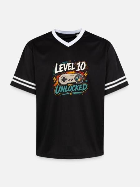 Level 10 freigeschaltetes 10-Jahres-Jubiläums-D-Geschenk - Unisex Football Style Mesh T-Shirt - Schwarz/Weiß