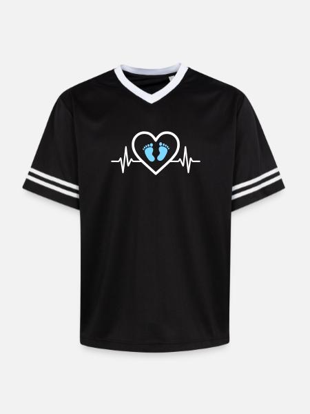 Pregnancy Announcement Heart Blue Footprints Boy - Unisex Football Style Mesh T-Shirt - black/white