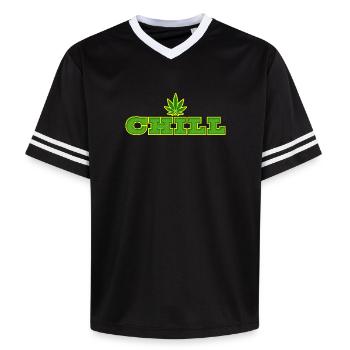 Cannabisblatt- und Chill-Typografie-Design - Unisex Football Style Mesh T-Shirt - Schwarz/Weiß - Vorne - AI Model Female 172 light (172cm) & AI Model Male 185 light (185cm)