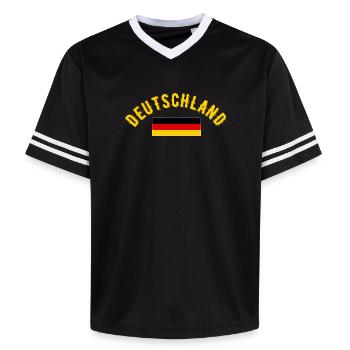 Deutschland Football Fan Vintage Typography  - Unisex Football Style Mesh T-Shirt - black/white - Front - AI Model Female 172 light (172cm) & AI Model Male 185 light (185cm)