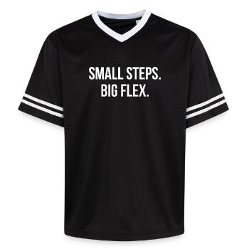 SMALL STEPS. BIG FLEX. | Greyline Official - Unisex Football Style Mesh T-Shirt - black/white - Front - AI Model Female 172 light (172cm) & AI Model Male 185 light (185cm)
