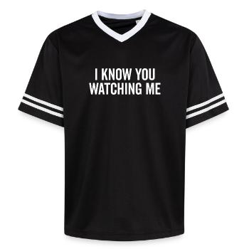 I Know You Watching Me - Unisex Football Style Mesh T-Shirt - black/white - Front - AI Model Female 172 light (172cm) & AI Model Male 185 light (185cm)