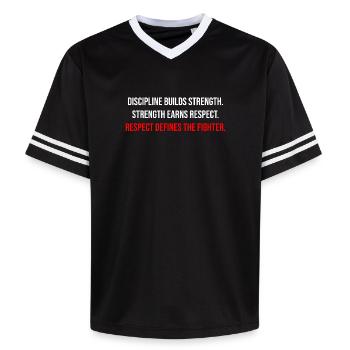 Fight Forge: Discipline & Strength Fighter Quote - Unisex Football Style Mesh T-Shirt - Schwarz/Weiß - Vorne - AI Model Female 172 light (172cm) & AI Model Male 185 light (185cm)