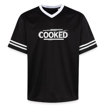 Cooked - Self-Ironic Font - Unisex Football Style Mesh T-Shirt - black/white - Front - AI Model Female 172 light (172cm) & AI Model Male 185 light (185cm)