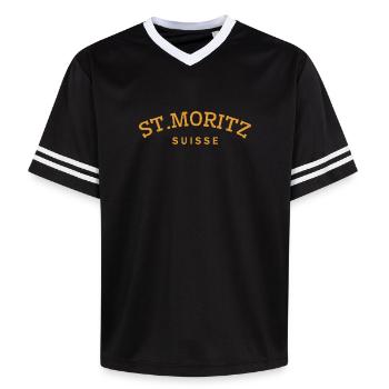St. Moritz - Suisse - Switzerland - Swiss - Unisex Football Style Mesh T-Shirt - black/white - Front - AI Model Female 172 light (172cm) & AI Model Male 185 light (185cm)