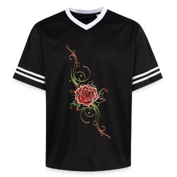 Filigranes Tribal mit Rosenblüte, rose - Unisex Football Style Mesh T-Shirt - Schwarz/Weiß - Vorne - AI Model Female 172 light (172cm) & AI Model Male 185 light (185cm)