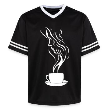 A face and a cup of coffee - Unisex Football Style Mesh T-Shirt - black/white - Front - AI Model Female 172 light (172cm) & AI Model Male 185 light (185cm)