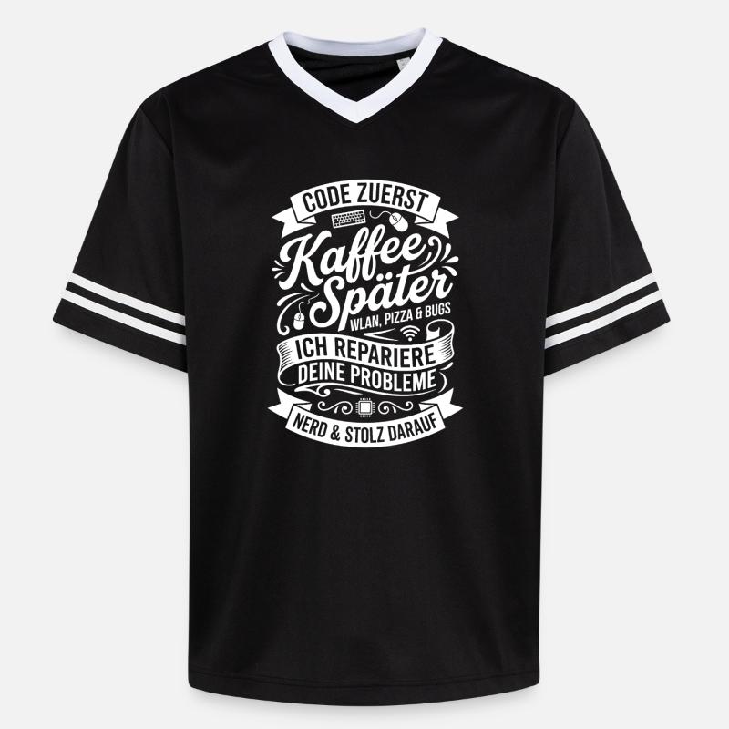 Code zuerst Kaffee Später - Unisex Football Style Mesh T-Shirt - Schwarz/Weiß