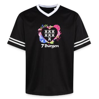 Siebenbürger Wappen mit Blumen Herz weiße Schrift - Unisex Football Style Mesh T-Shirt - Schwarz/Weiß - Vorne - AI Model Female 172 light (172cm) & AI Model Male 185 light (185cm)