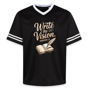Write the Vision Habakkuk 2:2 Artwork - Unisex Football Style Mesh T-Shirt - black/white - Front - AI Model Female 172 light (172cm) & AI Model Male 185 light (185cm)