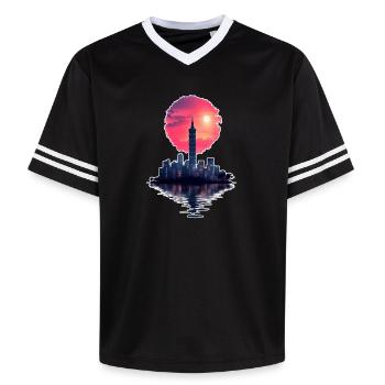 Neon Sunset – Stadt trifft Horizont - Unisex Football Style Mesh T-Shirt - Schwarz/Weiß - Vorne - AI Model Female 172 light (172cm) & AI Model Male 185 light (185cm)