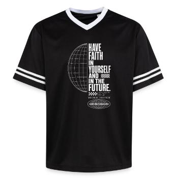 Glaube an sich selbst und die Zukunft des Globus - Unisex Football Style Mesh T-Shirt - Schwarz/Weiß - Vorne - AI Model Female 172 light (172cm) & AI Model Male 185 light (185cm)