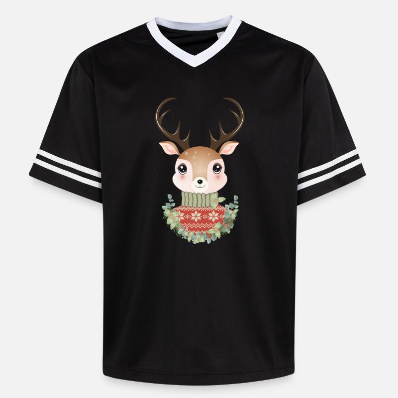 niedlicher Hirsch mit Pullover und Weihnachtskranz - Unisex Football Style Mesh T-Shirt - Schwarz/Weiß