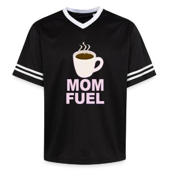 Mom Fuel – Coffee Powered Mom Design - Unisex Football Style Mesh T-Shirt - black/white - Front - AI Model Female 172 light (172cm) & AI Model Male 185 light (185cm)