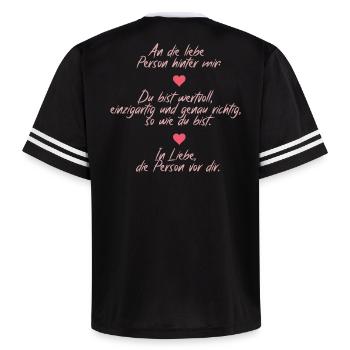 Positive Massage – An die Person hinter mir - Unisex Football Style Mesh T-Shirt - Schwarz/Weiß - Hinten - AI Model Male 185 light (185cm)