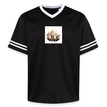 Wanderer vor Alpenlandschaft - Unisex Football Style Mesh T-Shirt - Schwarz/Weiß - Vorne - AI Model Female 172 light (172cm) & AI Model Male 185 light (185cm)