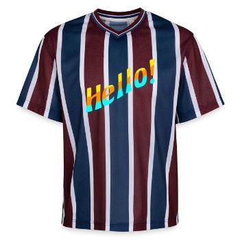 Hello! - Unisex Football Style Mesh T-Shirt - Bordeaux/Navy - Vorne - AI Model Female 172 light (172cm) & AI Model Male 185 light (185cm)
