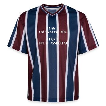 I can't understand you - Unisex Football Style Mesh T-Shirt - burgundy/navy - Front - AI Model Female 172 light (172cm) & AI Model Male 185 light (185cm)