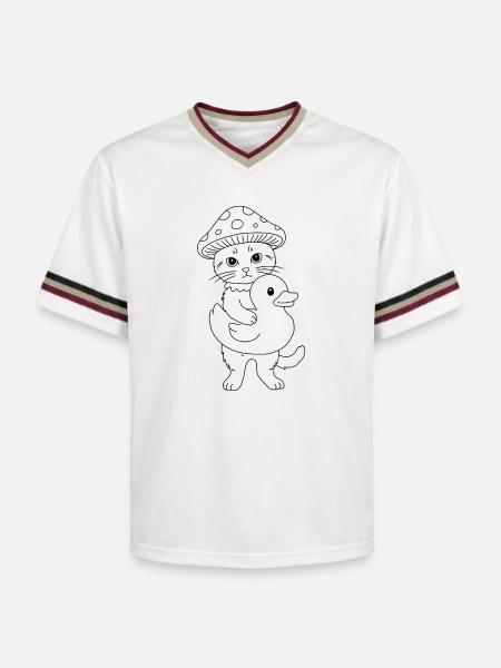 Mushroom Cat with Duck - Unisex Football Style Mesh T-Shirt - offwhite/burgundy
