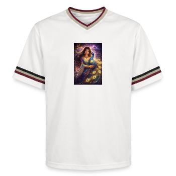 Mystical Indian Woman with Peacock - Unisex Football Style Mesh T-Shirt - offwhite/burgundy - Front - AI Model Male 178 light (178cm) & AI Model Male 178 dark (178cm)