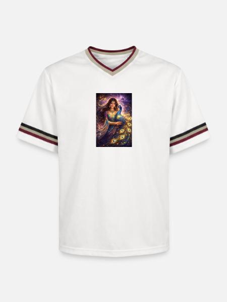 Mystical Indian Woman with Peacock - Unisex Football Style Mesh T-Shirt - offwhite/burgundy